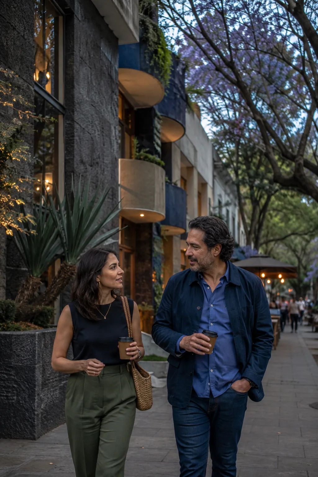 Pareja adulta camina con café durante una cita en Ciudad de México